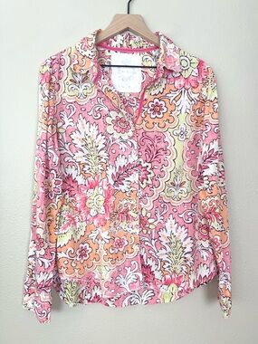 Cino Floral Button Up Blouse Shirt Pink Orange Botanical 100% Cotton Size Large